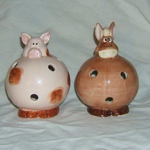 Cute Fat Pic and Cow Tea lite Votive Barnyard Ceramic Candle Holder Lot of 2